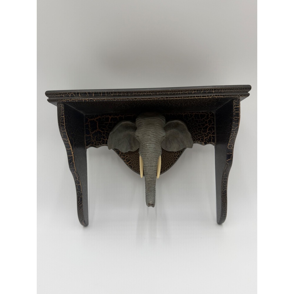 Vintage Elephant Head Wall Shelf Black Gold Crackle Safari Decor Floating Shelf